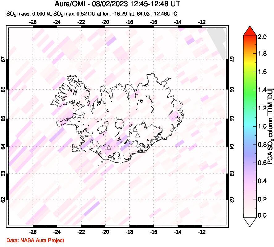 A sulfur dioxide image over Iceland on Aug 02, 2023.