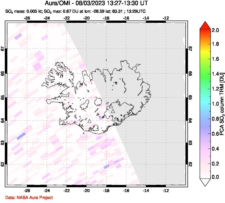 A sulfur dioxide image over Iceland on Aug 03, 2023.