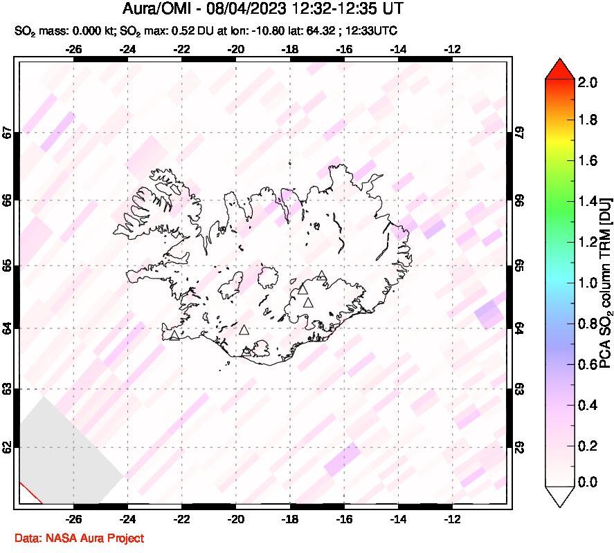 A sulfur dioxide image over Iceland on Aug 04, 2023.