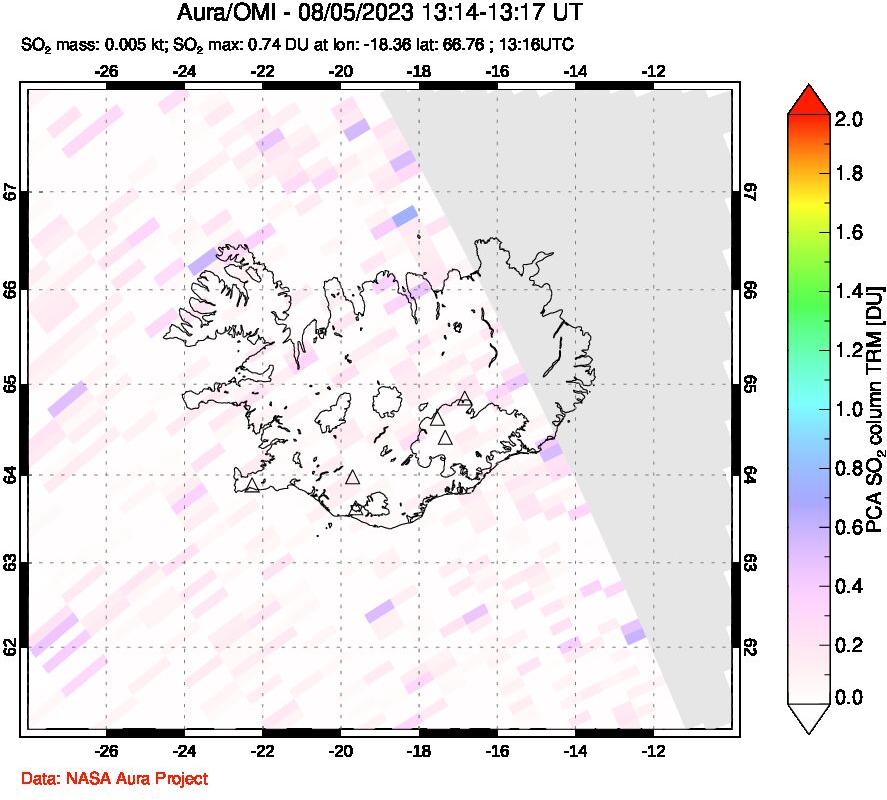 A sulfur dioxide image over Iceland on Aug 05, 2023.