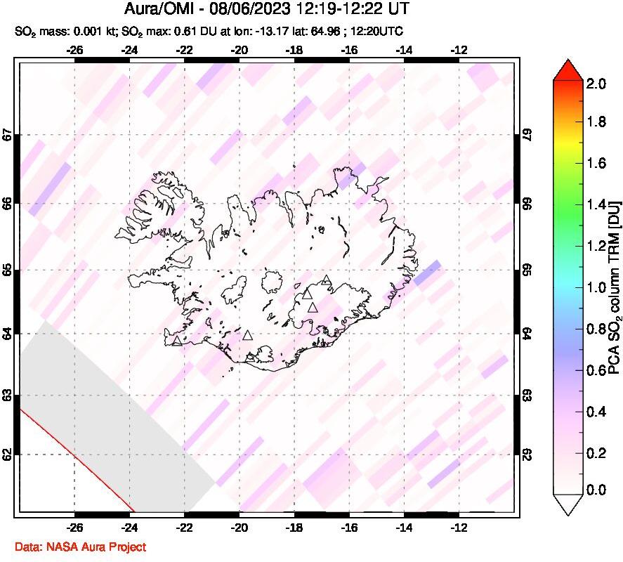 A sulfur dioxide image over Iceland on Aug 06, 2023.