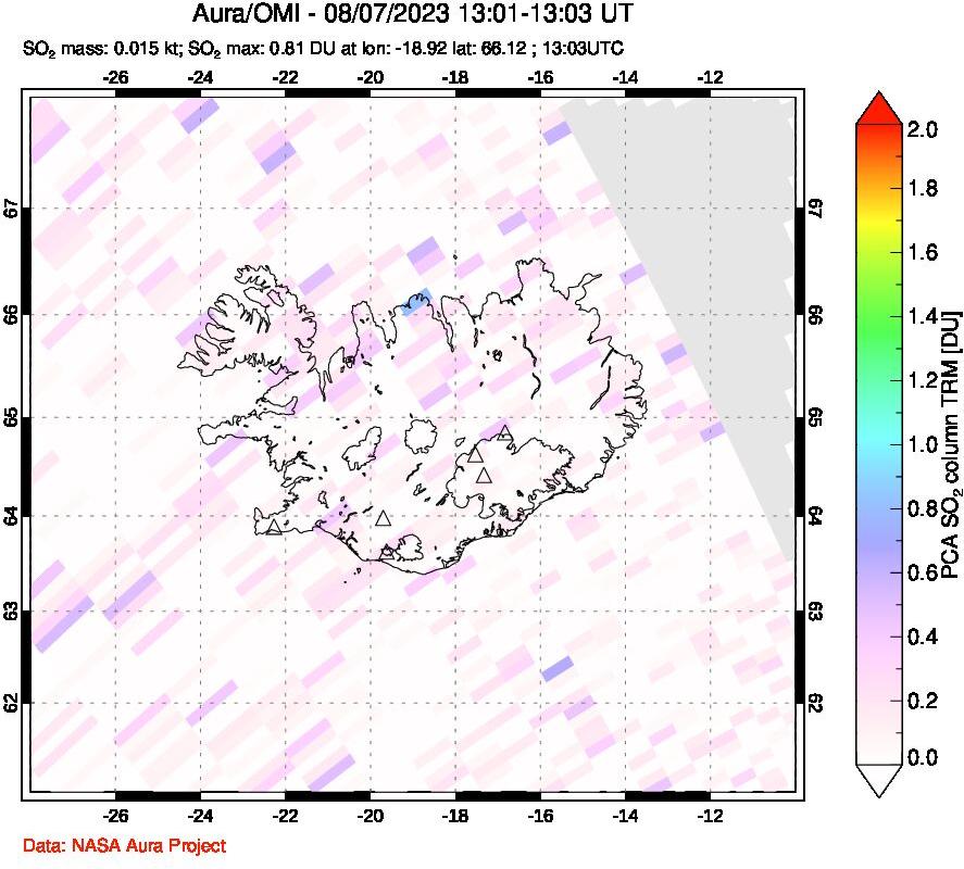 A sulfur dioxide image over Iceland on Aug 07, 2023.