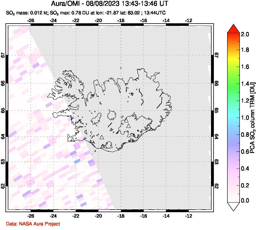 A sulfur dioxide image over Iceland on Aug 08, 2023.