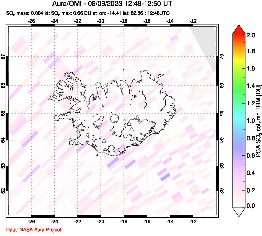 A sulfur dioxide image over Iceland on Aug 09, 2023.