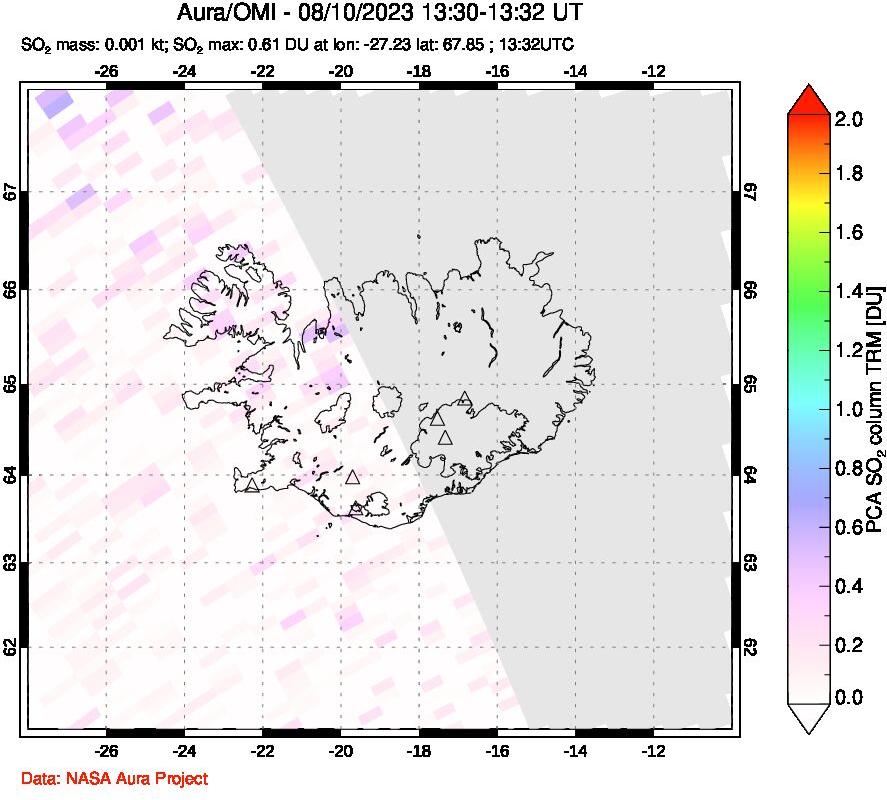 A sulfur dioxide image over Iceland on Aug 10, 2023.