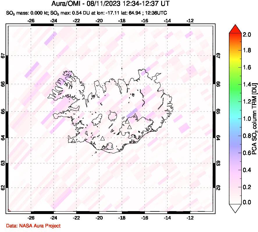 A sulfur dioxide image over Iceland on Aug 11, 2023.