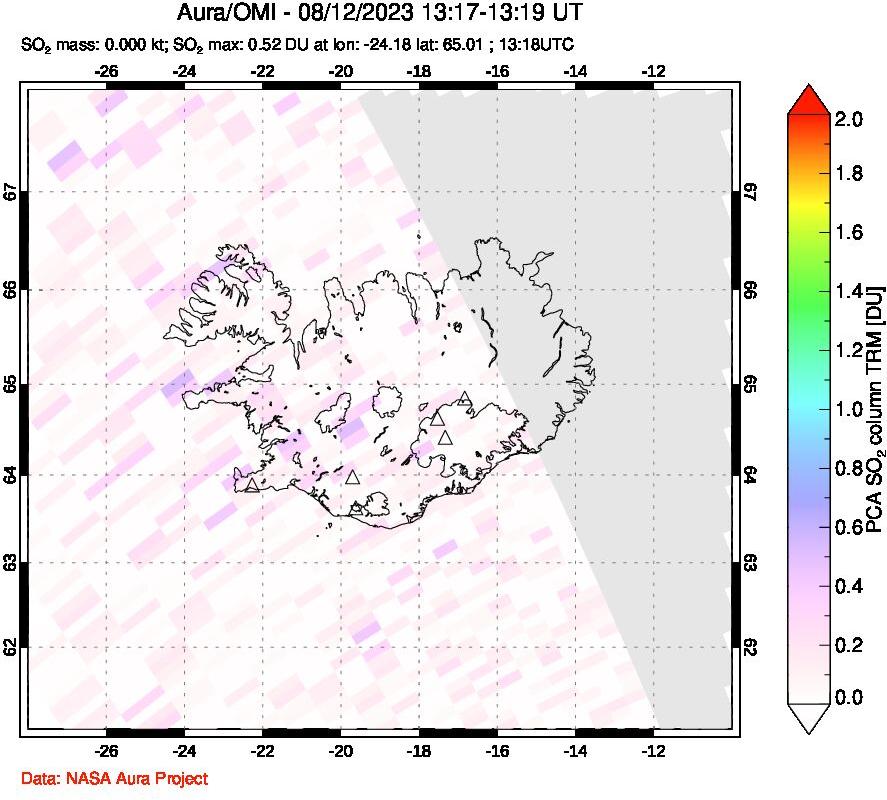 A sulfur dioxide image over Iceland on Aug 12, 2023.
