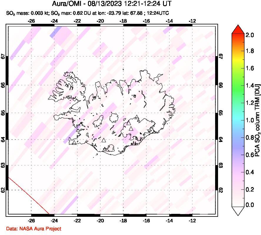 A sulfur dioxide image over Iceland on Aug 13, 2023.