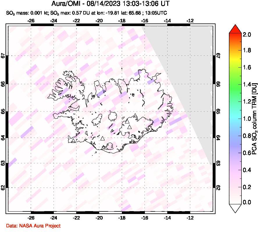 A sulfur dioxide image over Iceland on Aug 14, 2023.