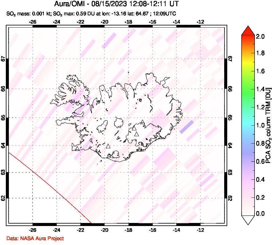A sulfur dioxide image over Iceland on Aug 15, 2023.