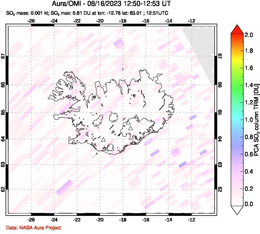 A sulfur dioxide image over Iceland on Aug 16, 2023.