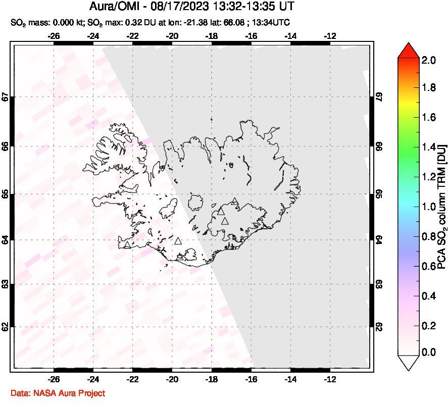 A sulfur dioxide image over Iceland on Aug 17, 2023.