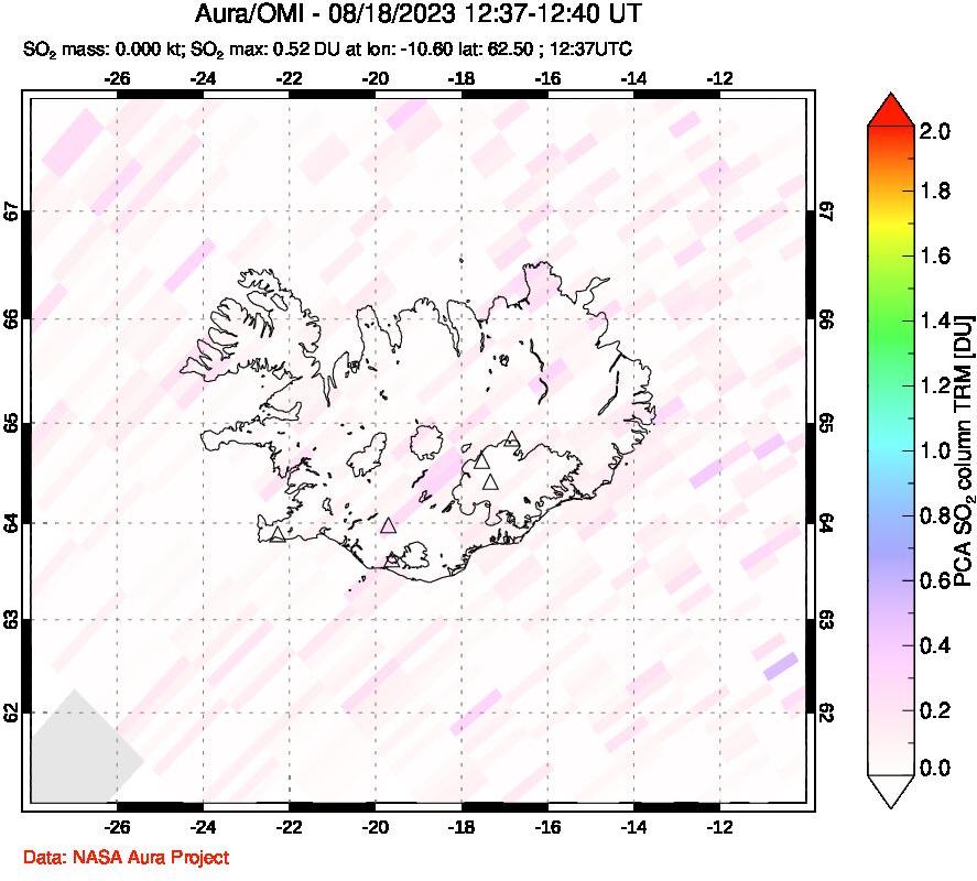 A sulfur dioxide image over Iceland on Aug 18, 2023.