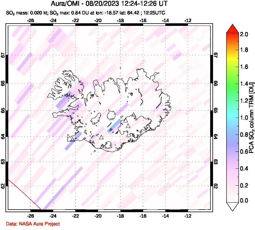 A sulfur dioxide image over Iceland on Aug 20, 2023.
