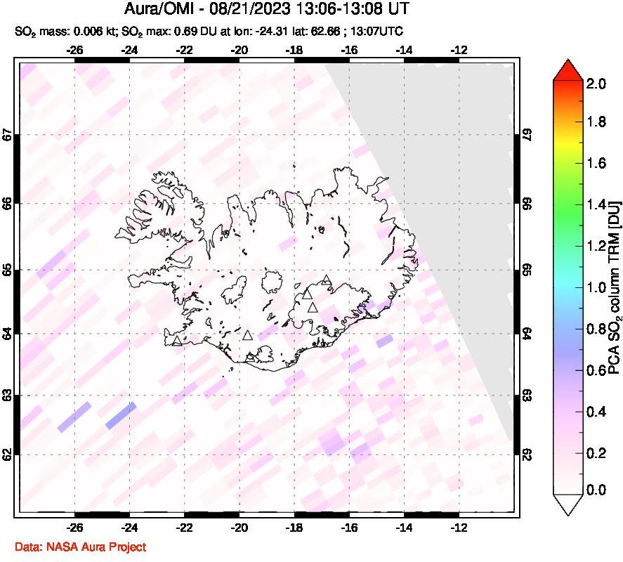 A sulfur dioxide image over Iceland on Aug 21, 2023.