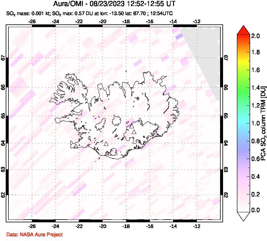 A sulfur dioxide image over Iceland on Aug 23, 2023.
