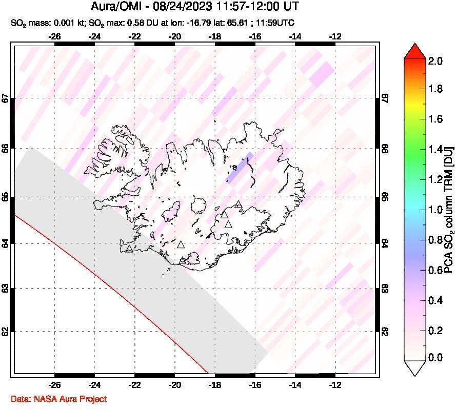 A sulfur dioxide image over Iceland on Aug 24, 2023.