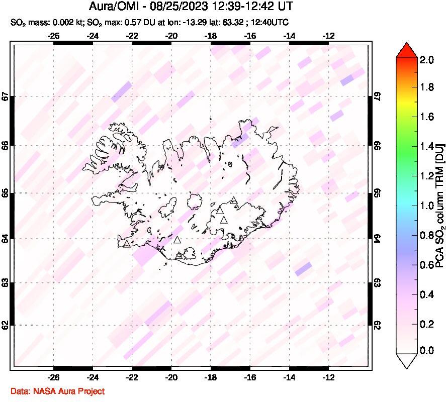 A sulfur dioxide image over Iceland on Aug 25, 2023.