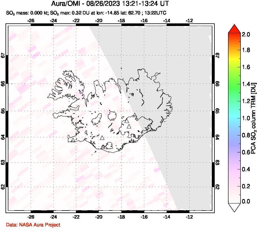 A sulfur dioxide image over Iceland on Aug 26, 2023.