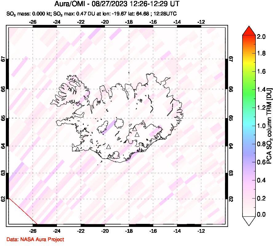 A sulfur dioxide image over Iceland on Aug 27, 2023.