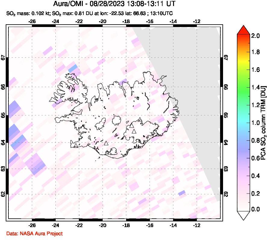 A sulfur dioxide image over Iceland on Aug 28, 2023.