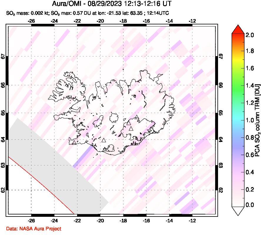 A sulfur dioxide image over Iceland on Aug 29, 2023.