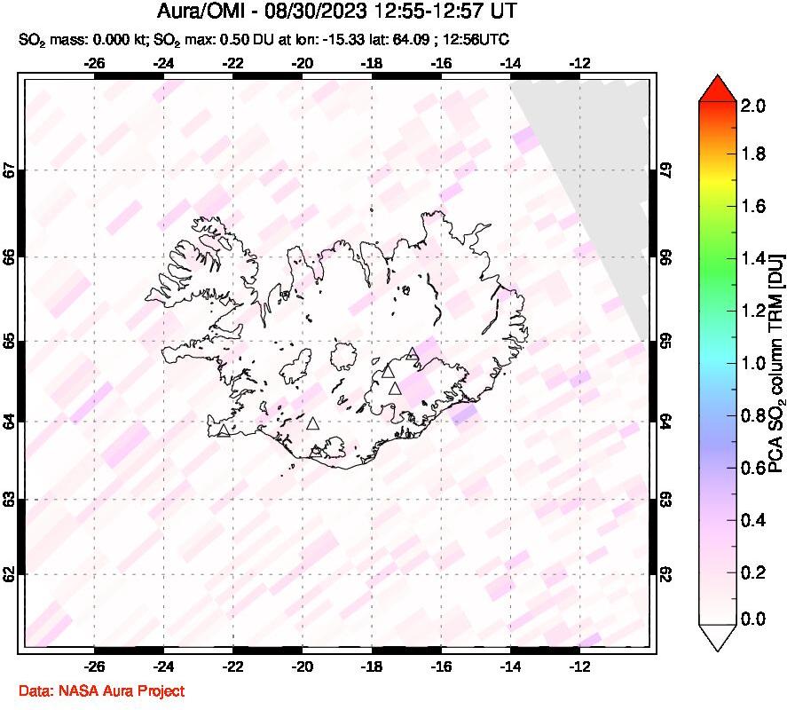 A sulfur dioxide image over Iceland on Aug 30, 2023.
