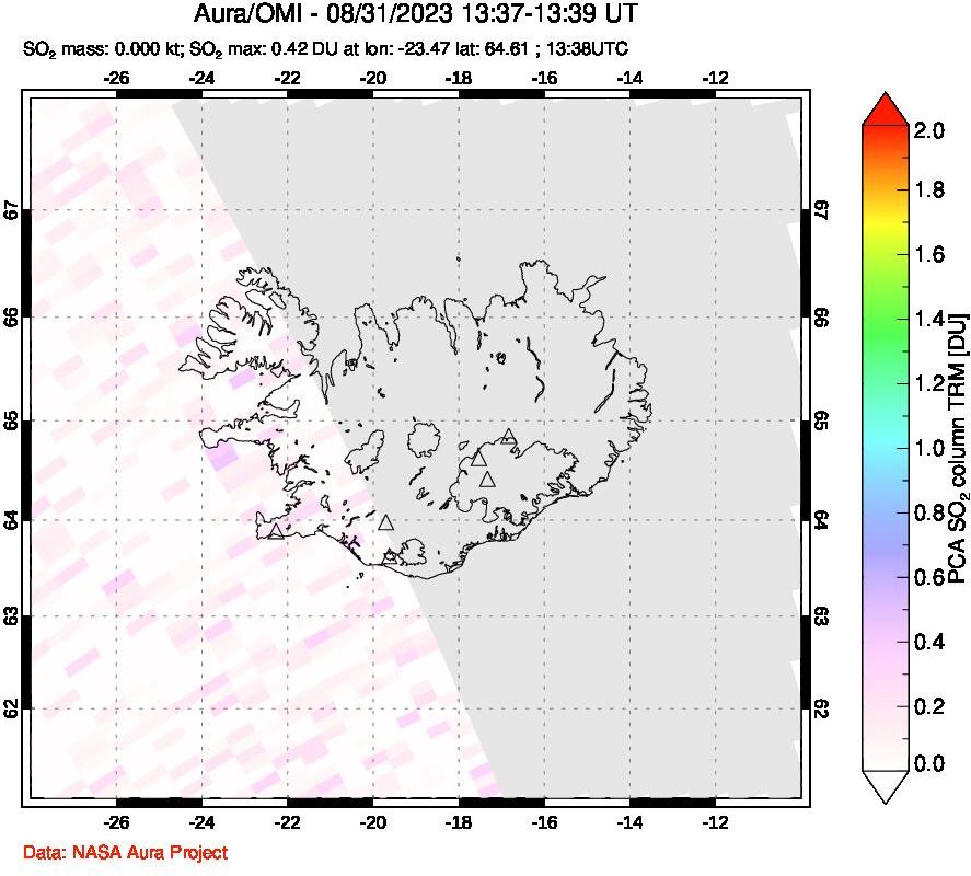 A sulfur dioxide image over Iceland on Aug 31, 2023.