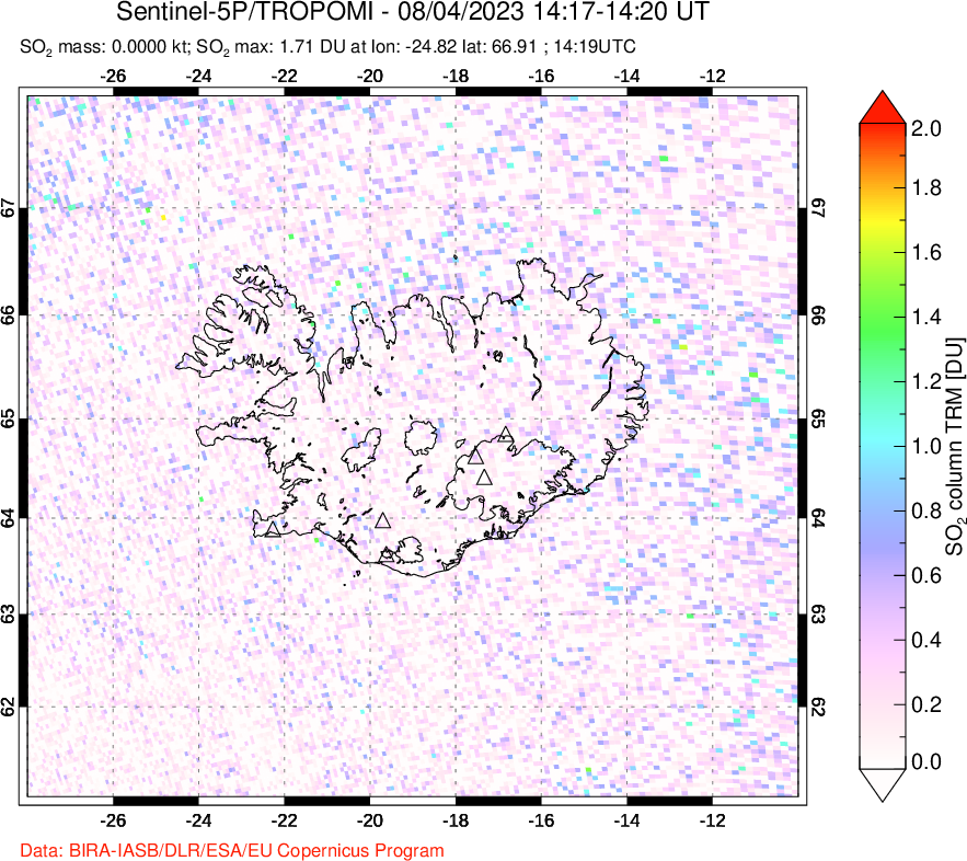 A sulfur dioxide image over Iceland on Aug 04, 2023.