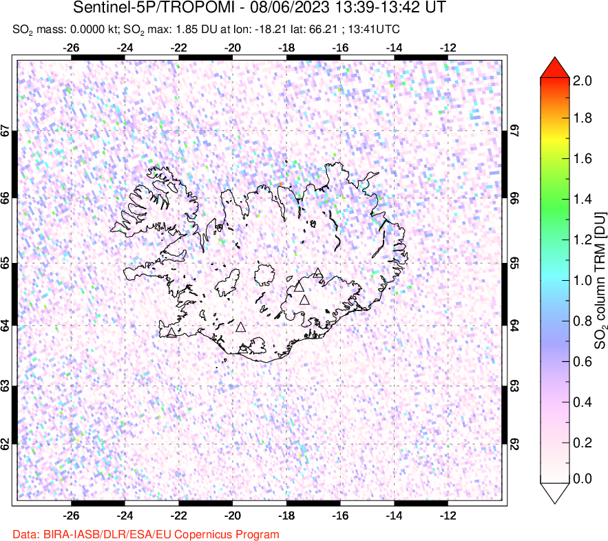 A sulfur dioxide image over Iceland on Aug 06, 2023.