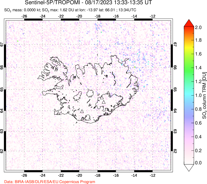 A sulfur dioxide image over Iceland on Aug 17, 2023.