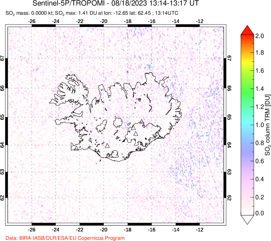 A sulfur dioxide image over Iceland on Aug 18, 2023.