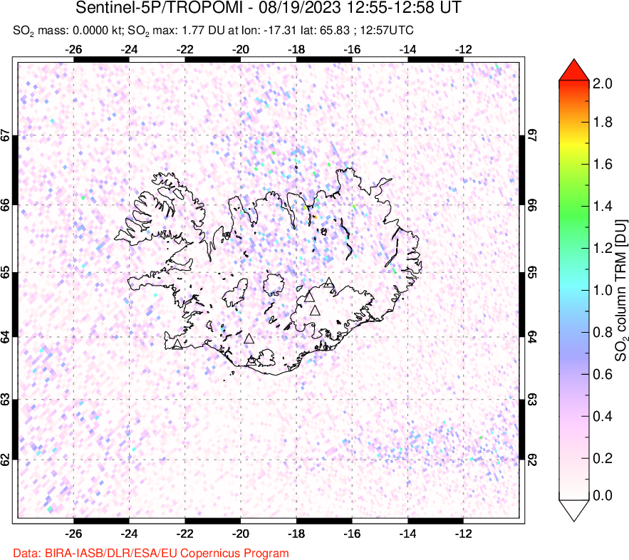 A sulfur dioxide image over Iceland on Aug 19, 2023.