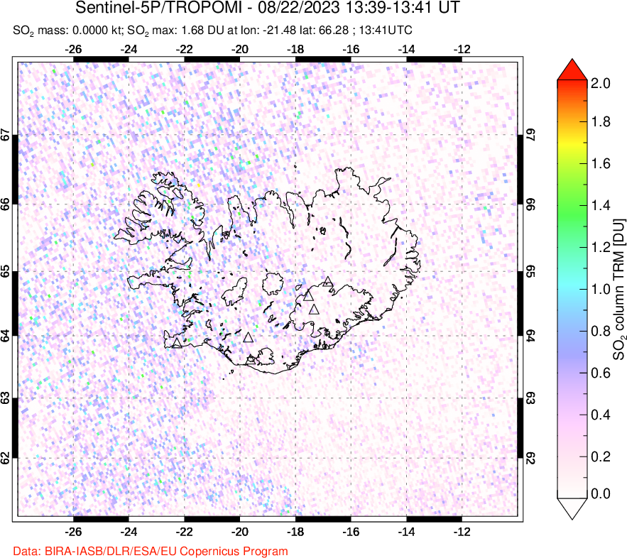 A sulfur dioxide image over Iceland on Aug 22, 2023.