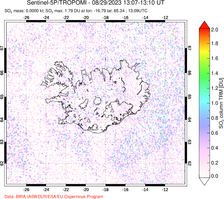 A sulfur dioxide image over Iceland on Aug 29, 2023.
