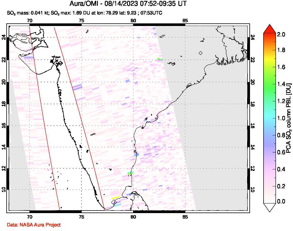 A sulfur dioxide image over India on Aug 14, 2023.