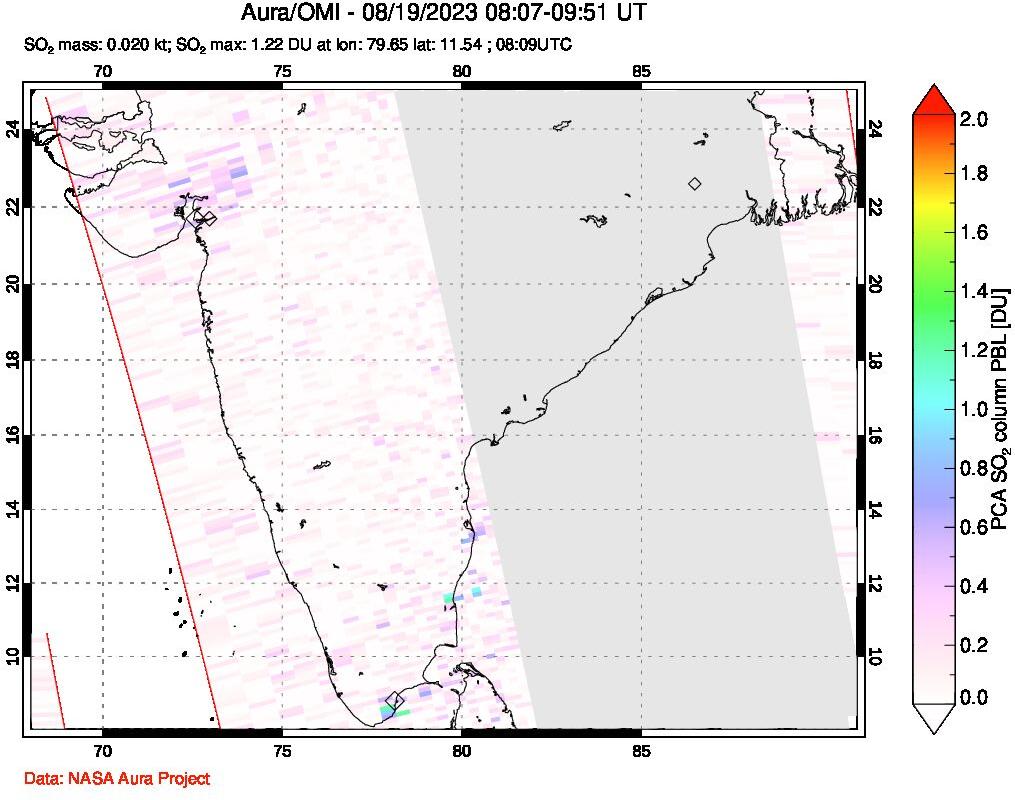A sulfur dioxide image over India on Aug 19, 2023.