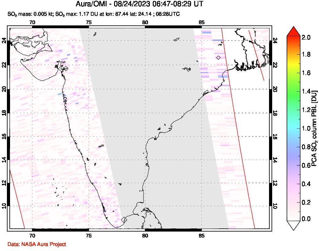 A sulfur dioxide image over India on Aug 24, 2023.