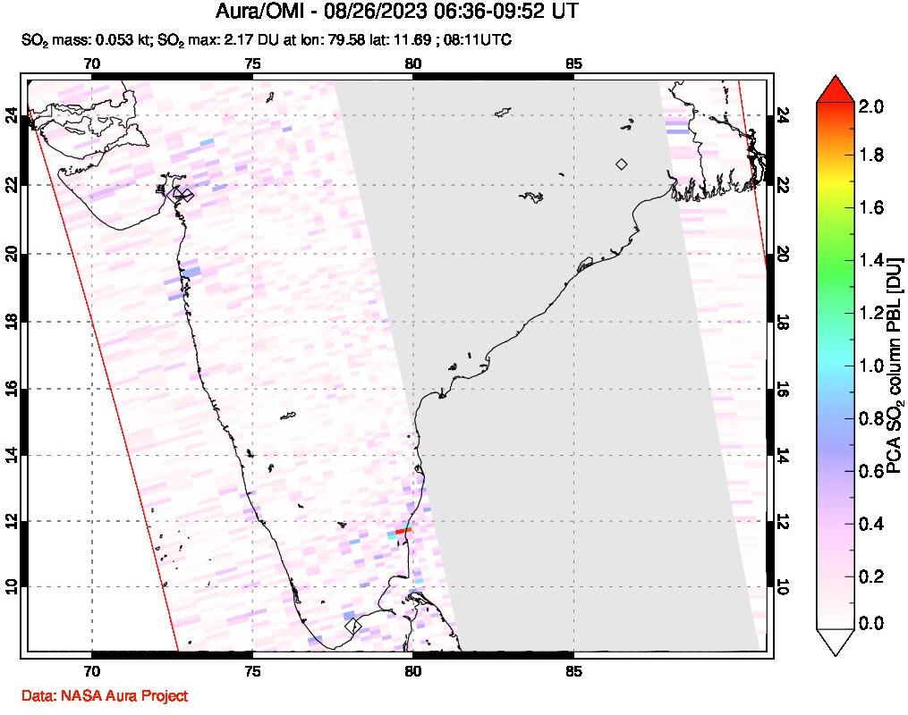 A sulfur dioxide image over India on Aug 26, 2023.