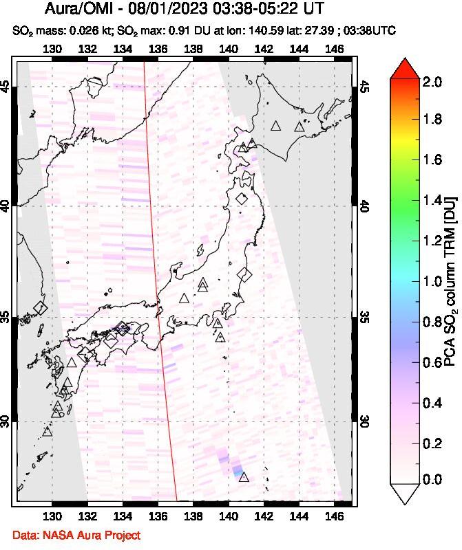 A sulfur dioxide image over Japan on Aug 01, 2023.