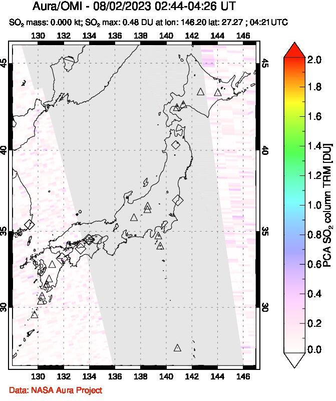 A sulfur dioxide image over Japan on Aug 02, 2023.