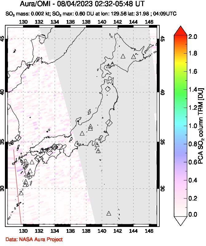 A sulfur dioxide image over Japan on Aug 04, 2023.