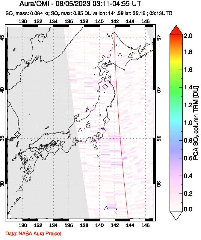A sulfur dioxide image over Japan on Aug 05, 2023.
