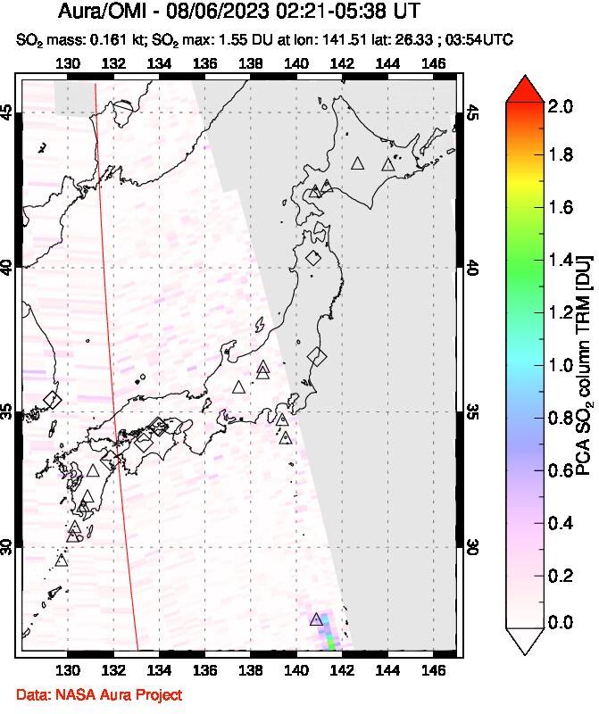 A sulfur dioxide image over Japan on Aug 06, 2023.