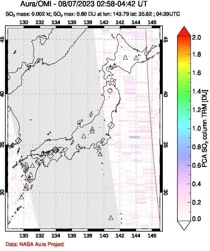 A sulfur dioxide image over Japan on Aug 07, 2023.