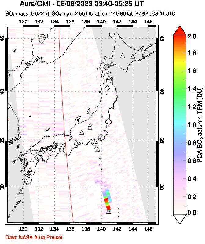 A sulfur dioxide image over Japan on Aug 08, 2023.