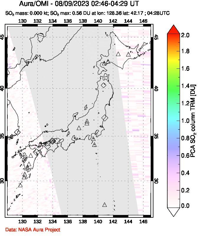 A sulfur dioxide image over Japan on Aug 09, 2023.