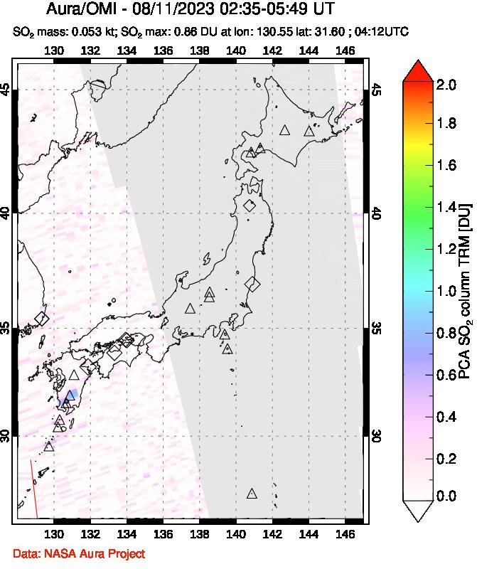 A sulfur dioxide image over Japan on Aug 11, 2023.