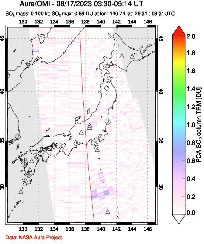 A sulfur dioxide image over Japan on Aug 17, 2023.