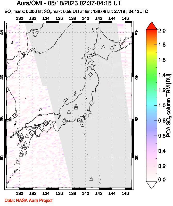A sulfur dioxide image over Japan on Aug 18, 2023.
